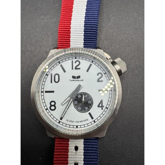 Vintage Vestal Canteen Watch Japan Men's Stainless Steel Red White Blue Band - Picture 1 of 11